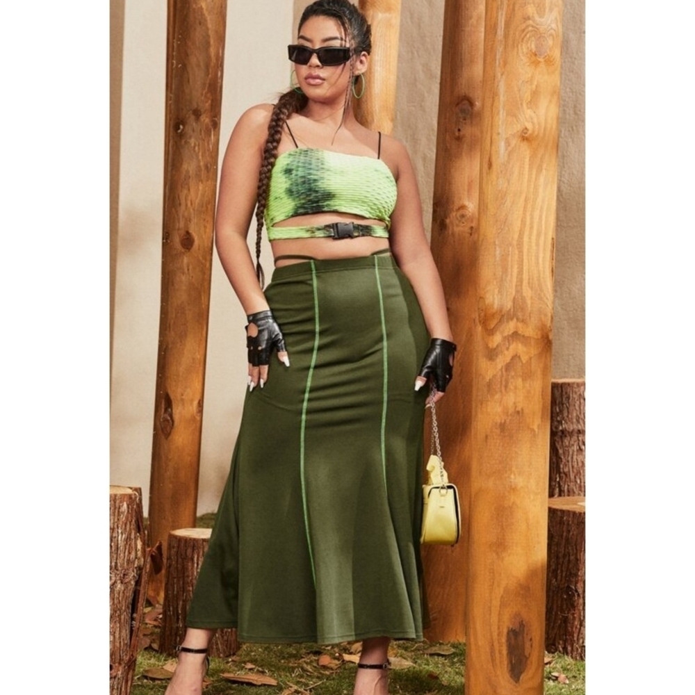 Shein Curve Top Stitch Mermaid Hem Skirt Olive Green Size 1X